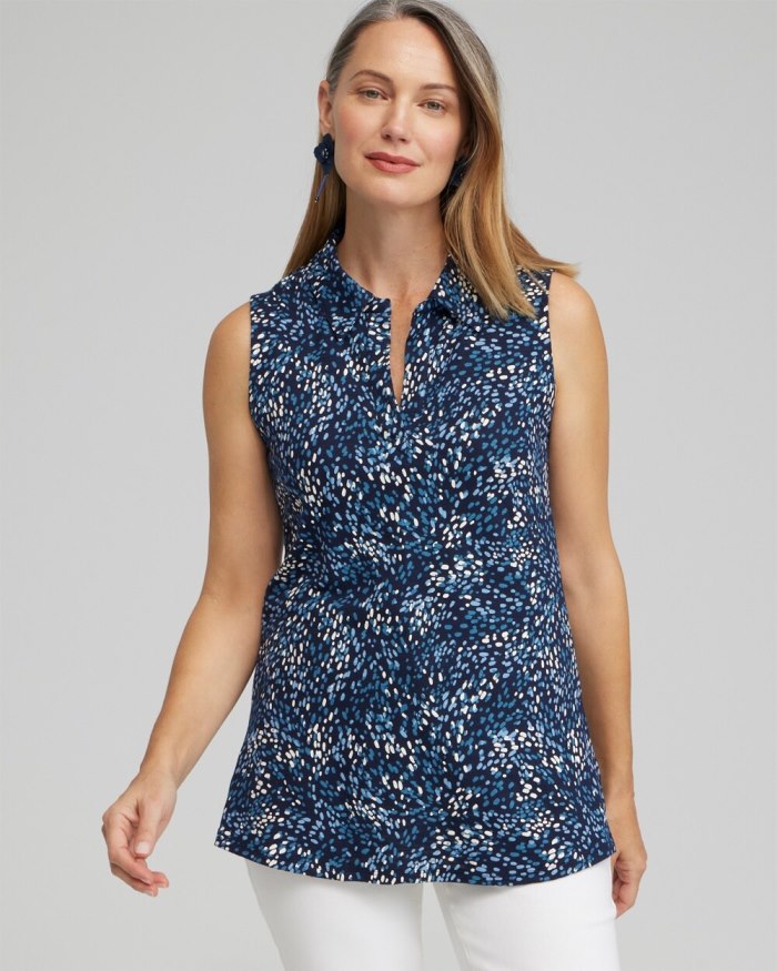 Chicos Dot Print Collared Tunic Tank - Classic Navy