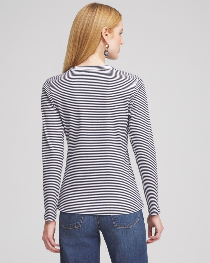 Chicos Stripe Ribbed Henley Tee - Classic Navy