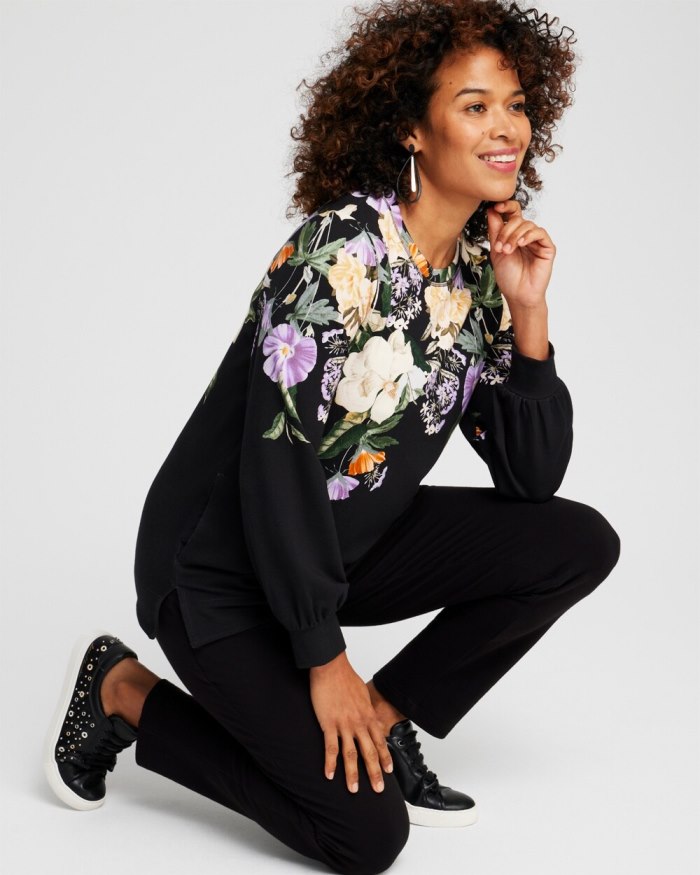 Chicos Zenergy French Terry Floral Pullover - Black