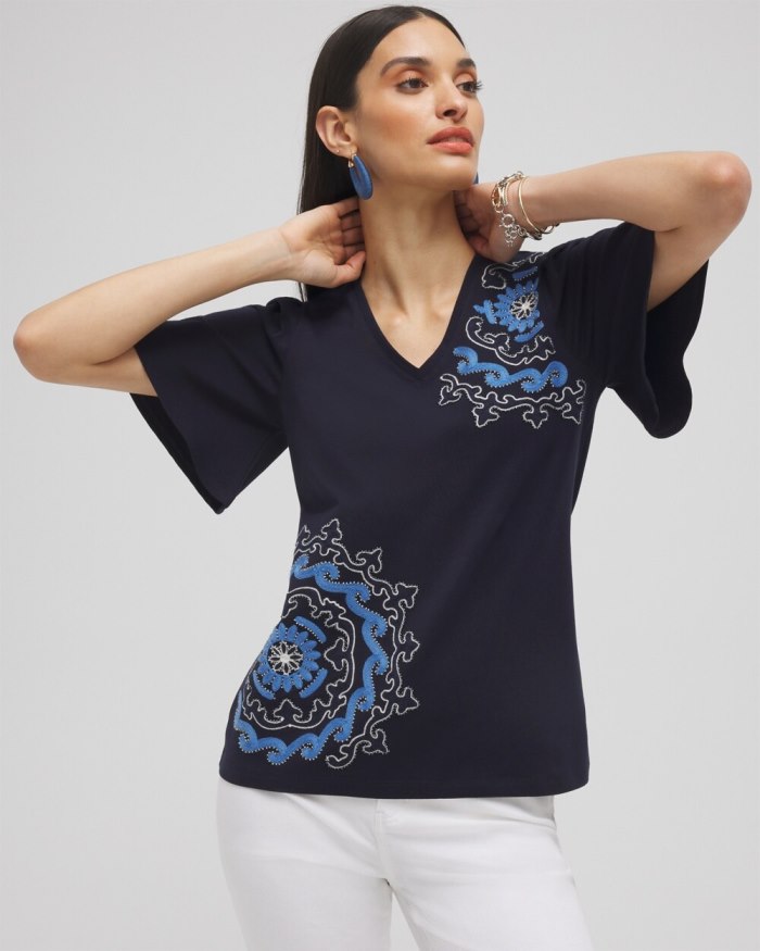 Chicos Embellished Flutter Sleeve Tee - Classic Navy