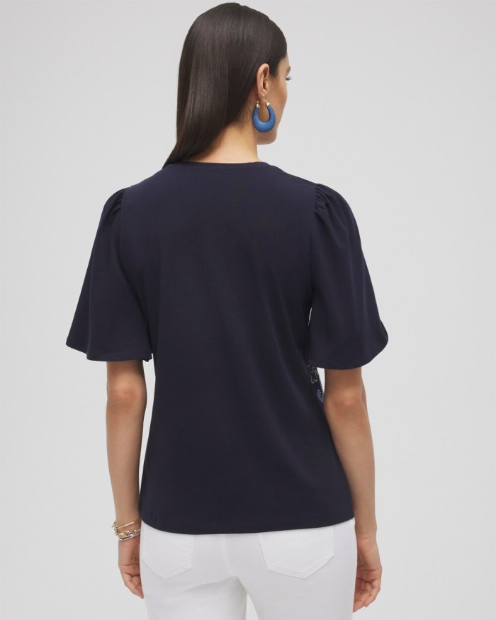 Chicos Embellished Flutter Sleeve Tee - Classic Navy