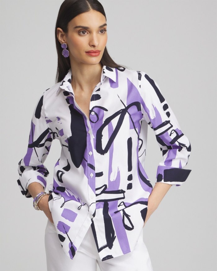 Chicos No Iron Stretch Abstract Print 3/4 Sleeve Shirt - Parisian Purple