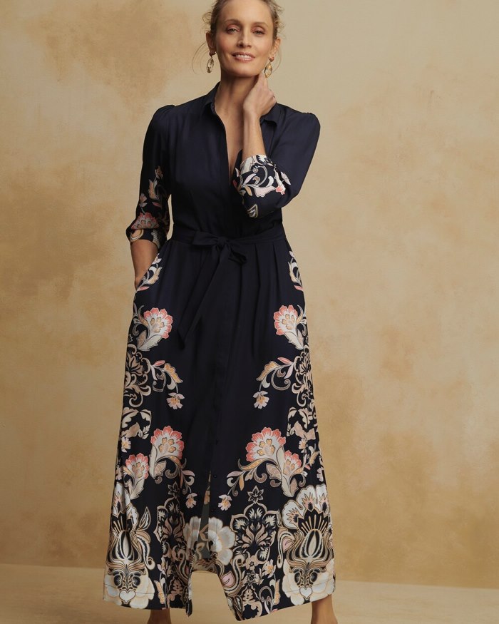 Chicos Floral Maxi Shirt Dress - Classic Navy