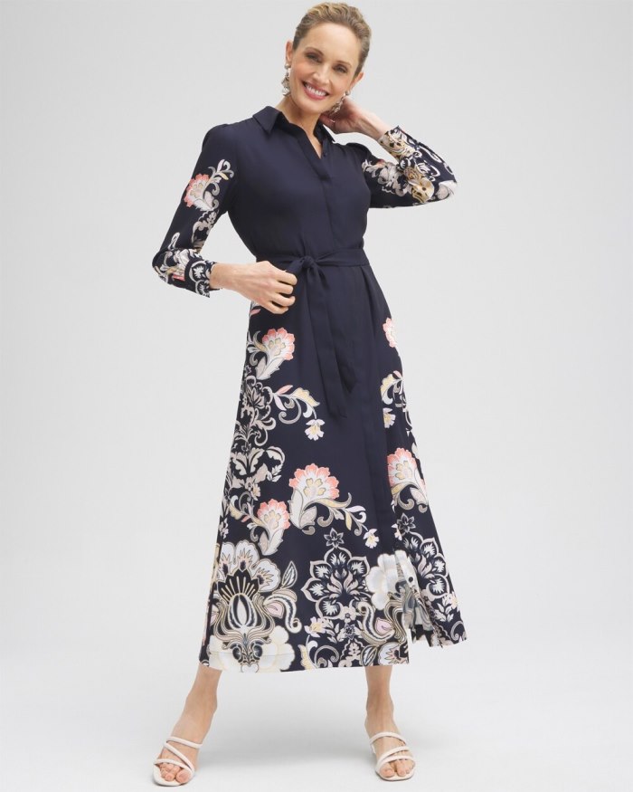 Chicos Floral Maxi Shirt Dress - Classic Navy