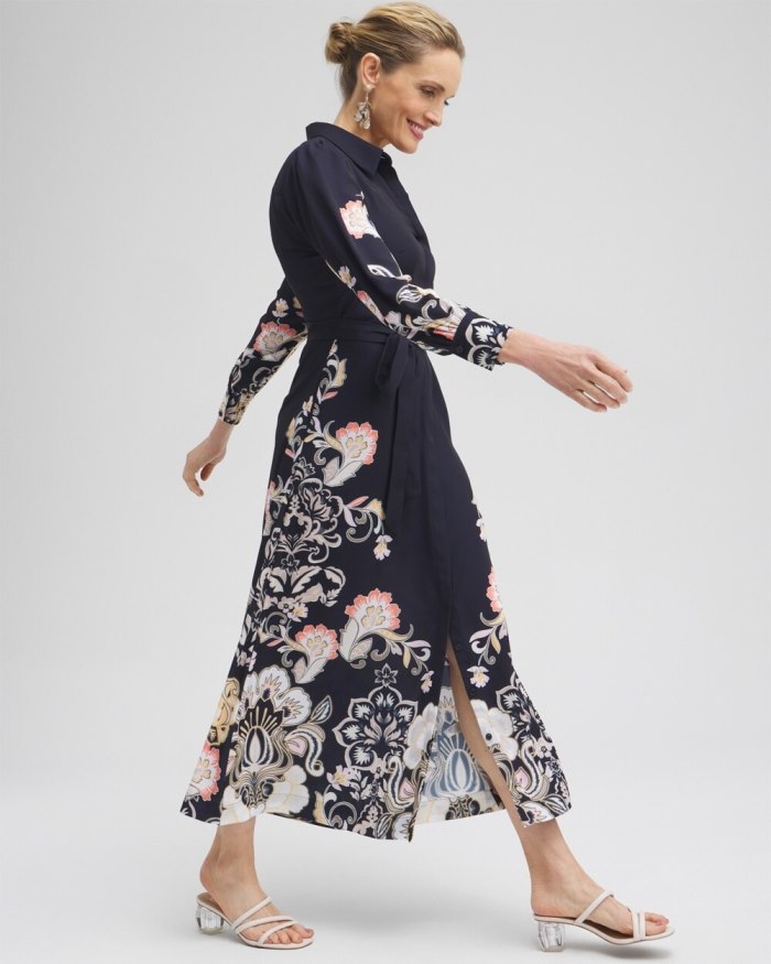 Chicos Floral Maxi Shirt Dress - Classic Navy