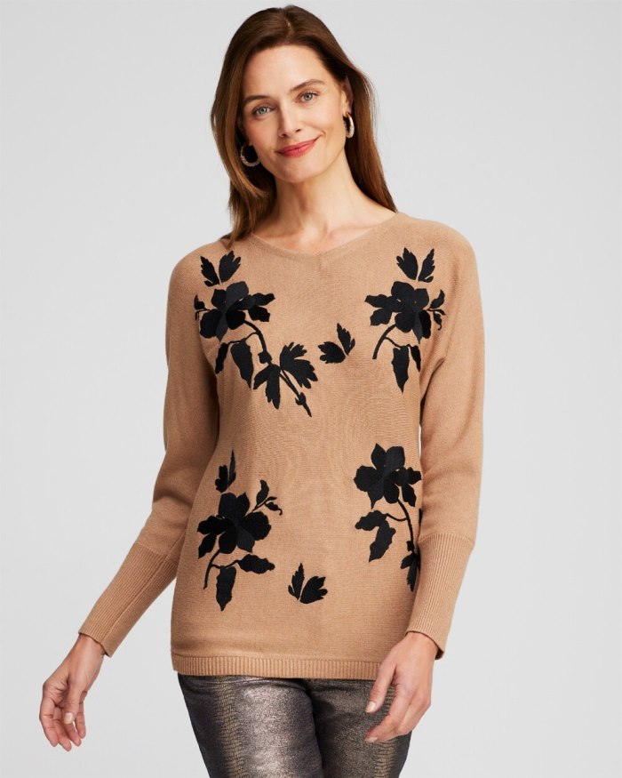 Chicos Floral Embroidered Pullover Sweater - Faux Camel Heather