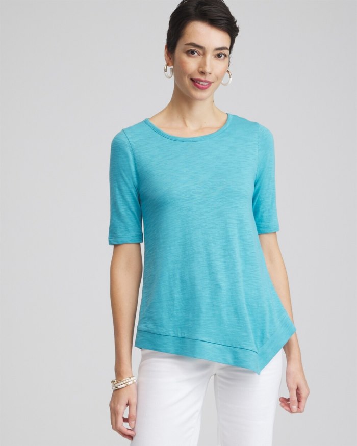 Chicos Asymmetrical Elbow Sleeve Tee - Cool Water