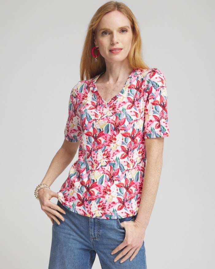 Chicos Floral Everyday V-neck Tee - Watermelon Punch