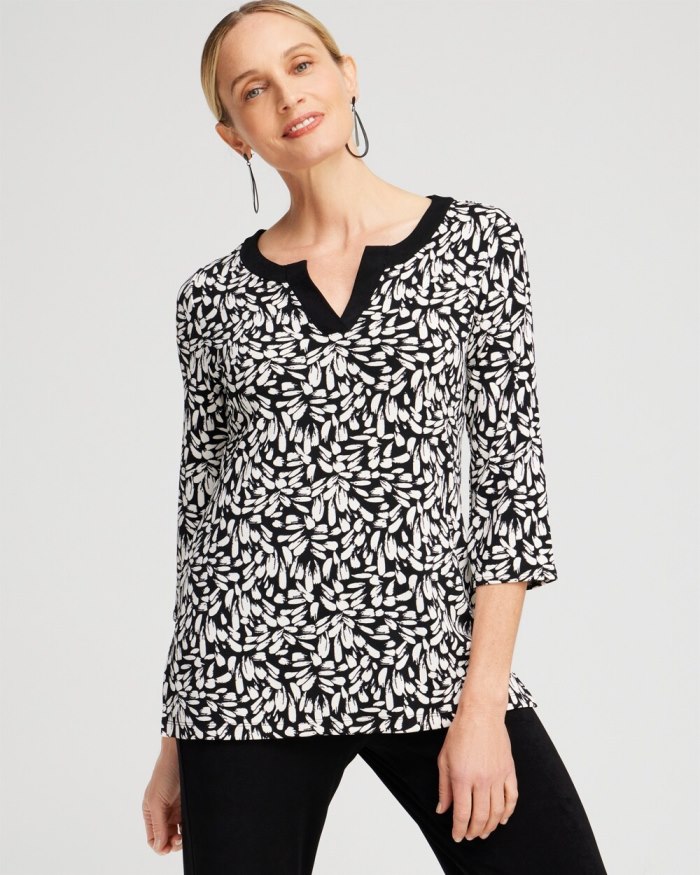 Chicos Travelers Print Split Neck Top - Black/Ecru