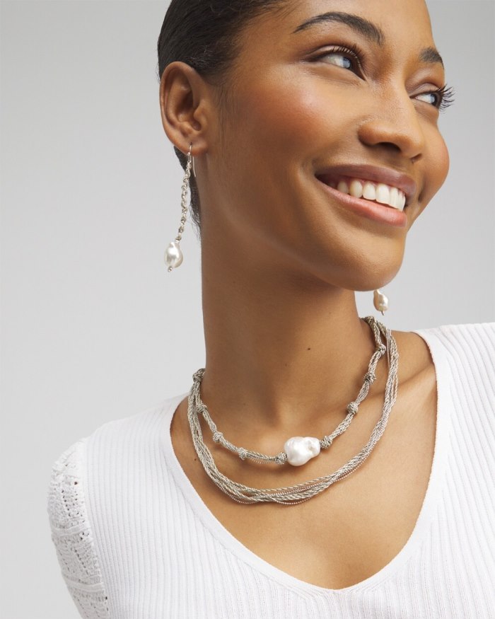 Chicos Fresh Water Pearl Convertible Necklace - Silver