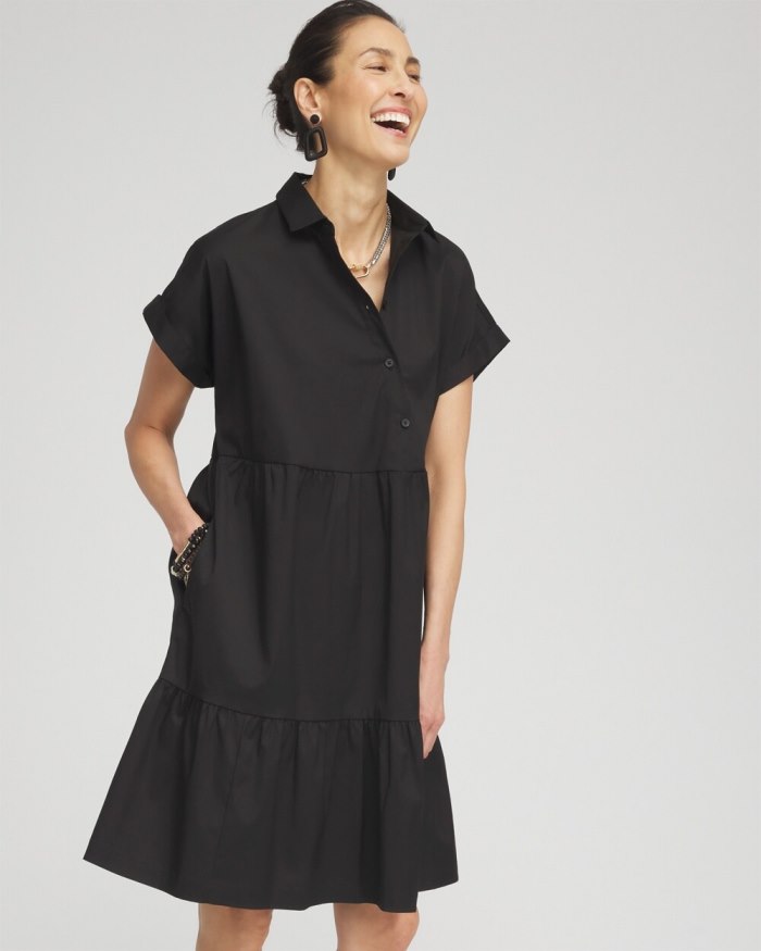 Chicos Poplin Diagonal Button Front Dress - Black