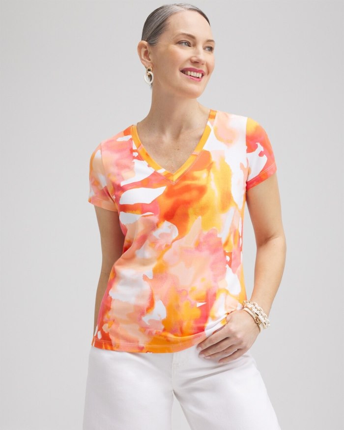 Chicos Watercolor V-neck Perfect Tee - Nectarine