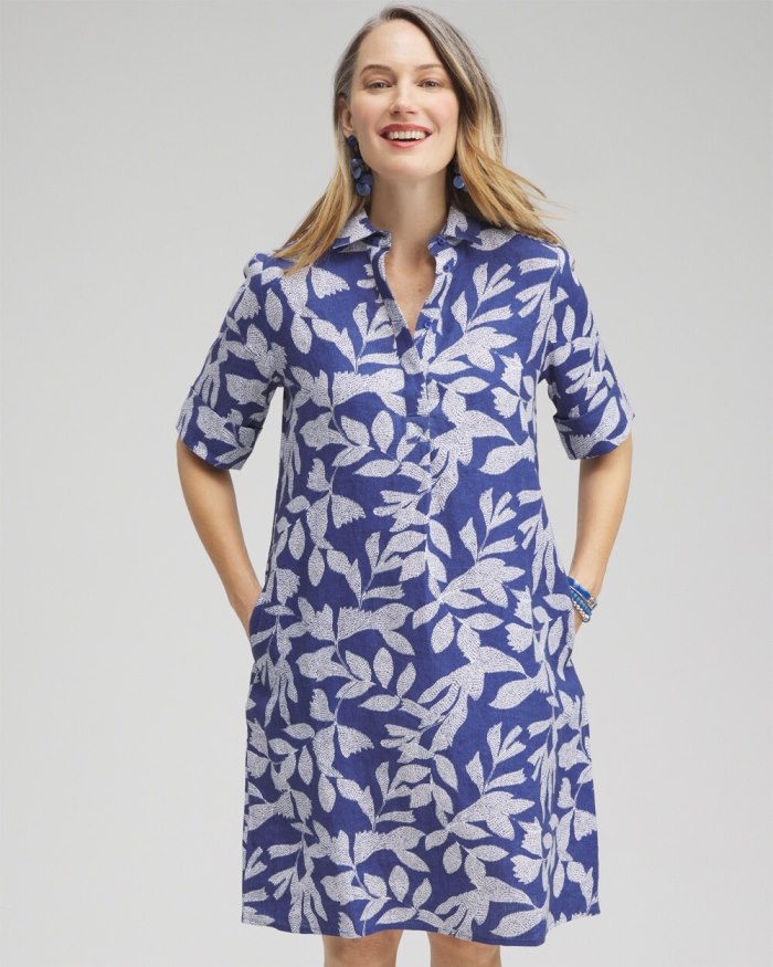 Chicos Linen Leaf Print Popover Dress - Evening Eclipse