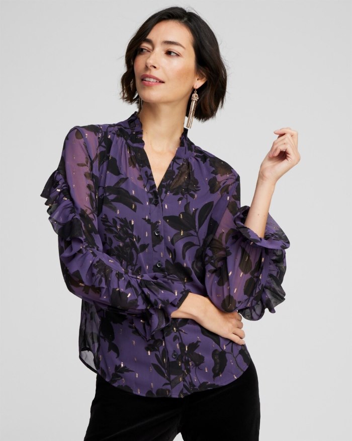 Chicos Chiffon Ruffle Sleeve Blouse - Dewberry