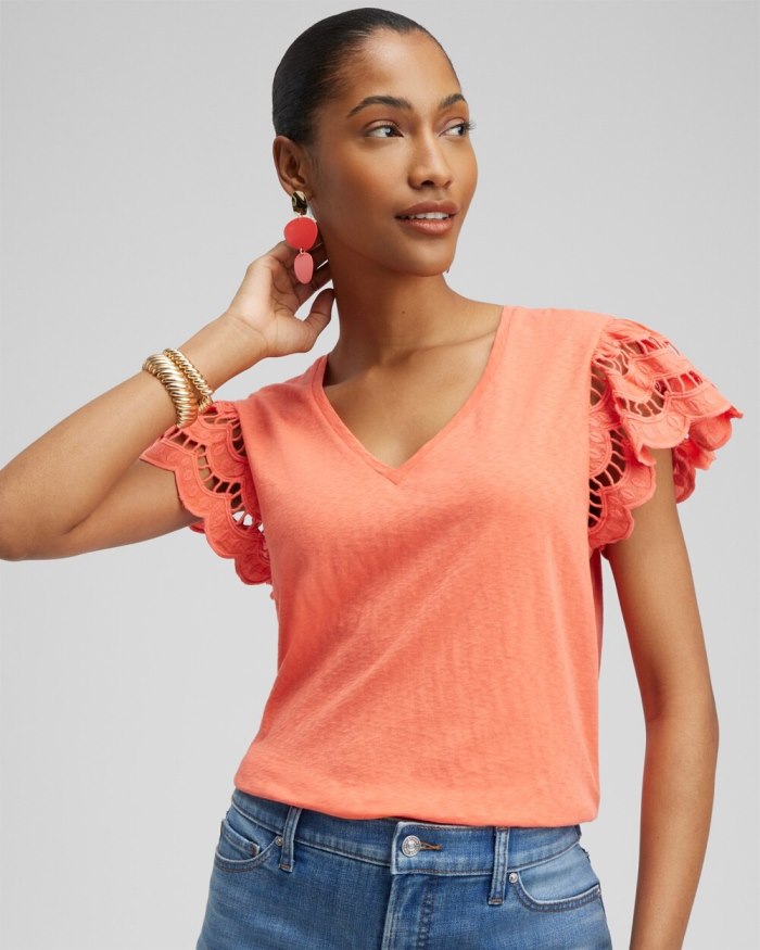 Chicos Tiered Eyelet Sleeve Top - Nectarine