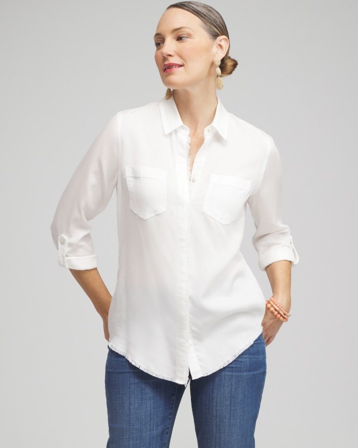 Chicos Twill Fringe Hem Shirt - Alabaster