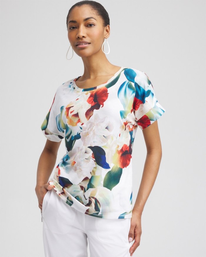 Chicos Zenergy Floral Drop Shoulder Tee - Nectarine