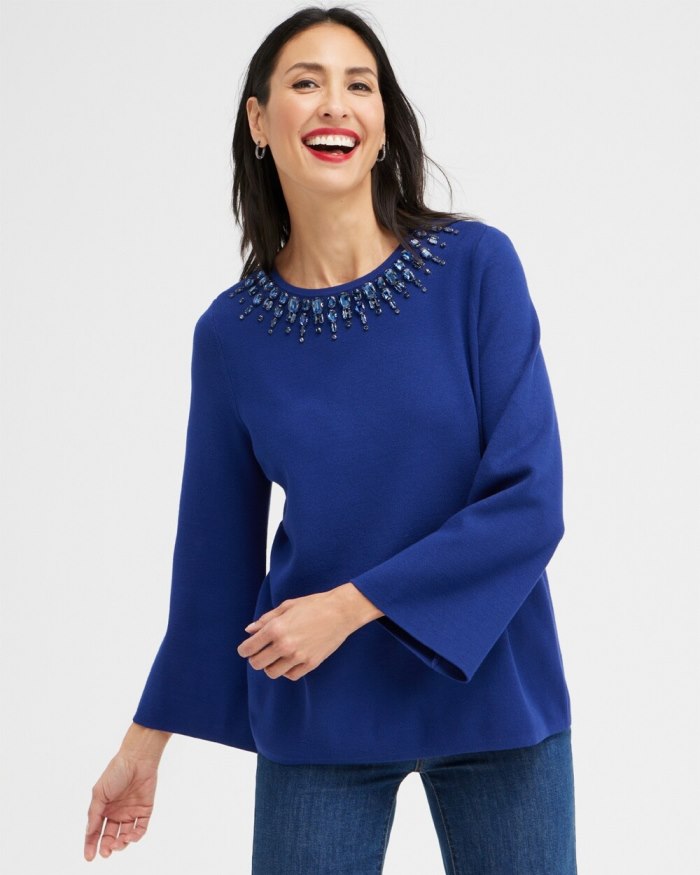 Chicos Gem Embellished Flare Sleeve Sweater - Cobalt Night