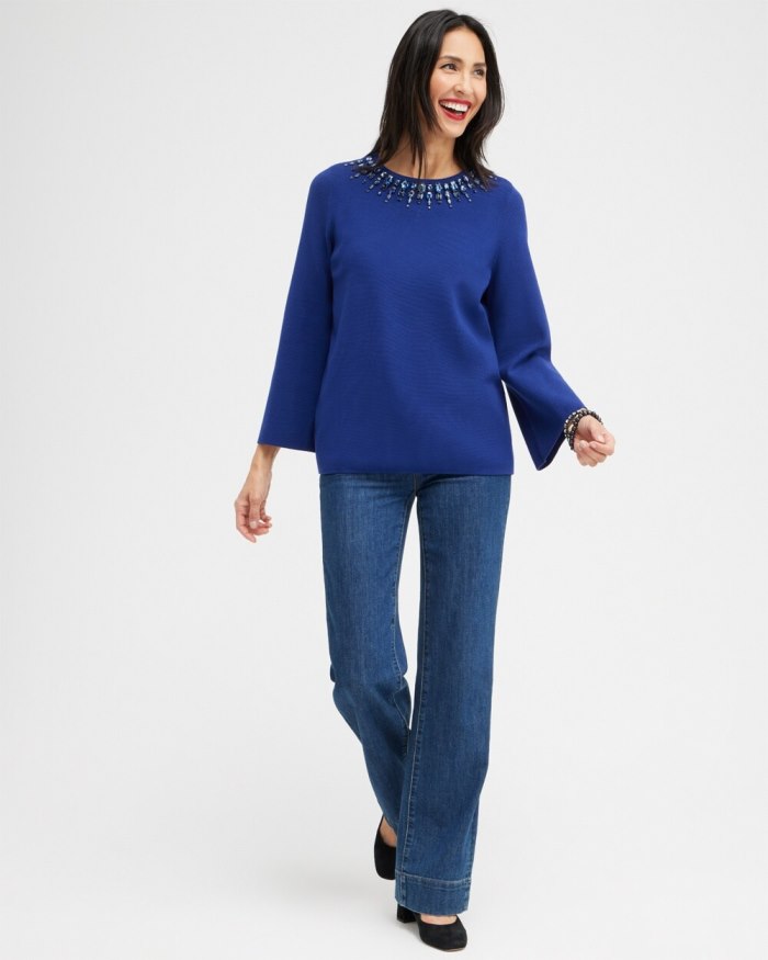 Chicos Gem Embellished Flare Sleeve Sweater - Cobalt Night