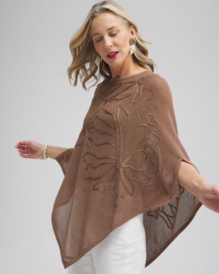 Chicos Embroidered Knit Triangle Poncho - Teakwood