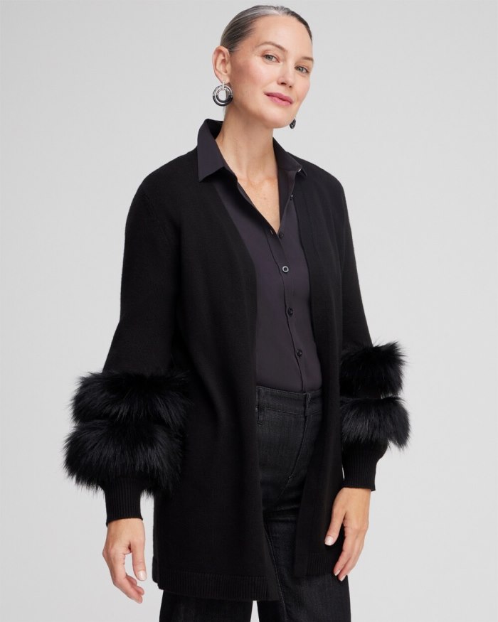 Chicos Faux Fur Trim Cardigan - Black