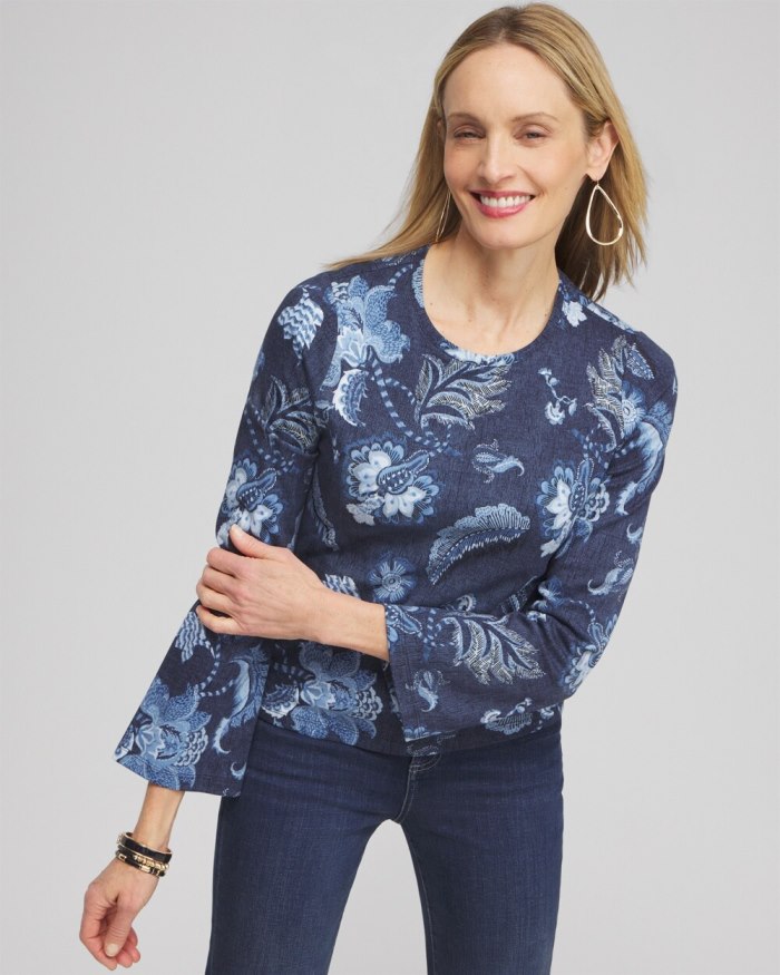 Chicos Floral Long Sleeve Tee - Classic Navy