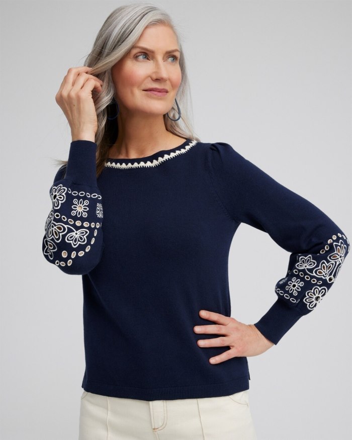 Chicos Embroidered Pullover Sweater - Classic Navy