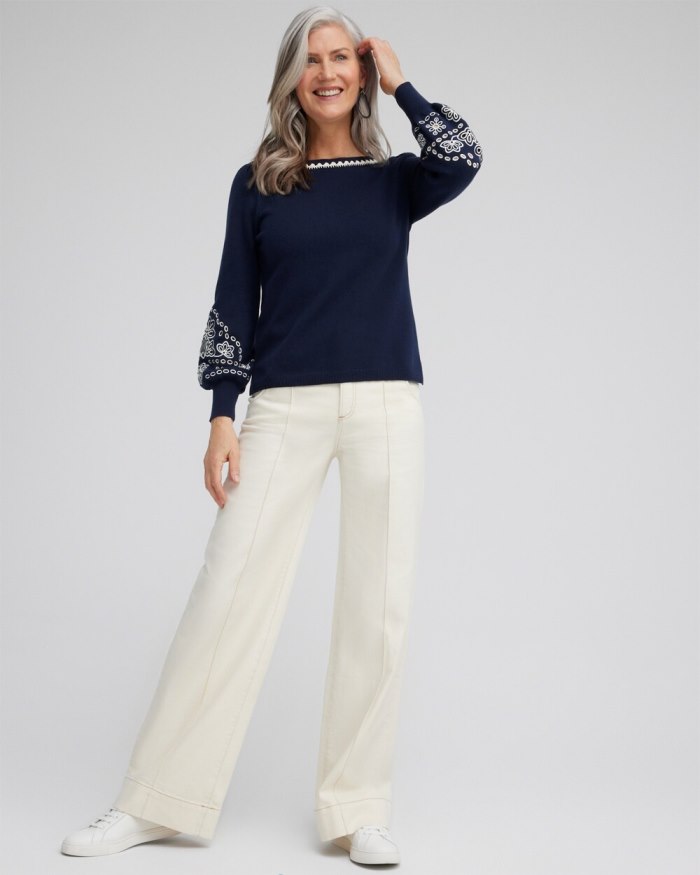 Chicos Embroidered Pullover Sweater - Classic Navy