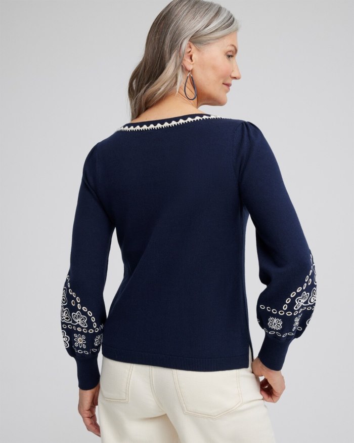 Chicos Embroidered Pullover Sweater - Classic Navy