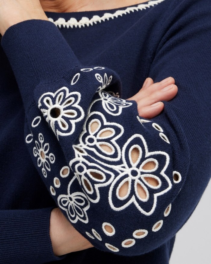 Chicos Embroidered Pullover Sweater - Classic Navy