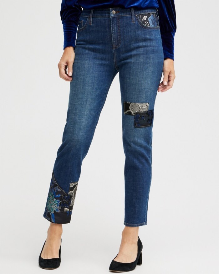 Chicos Girlfriend Patchwork Ankle Jeans - Sequoia Indigo