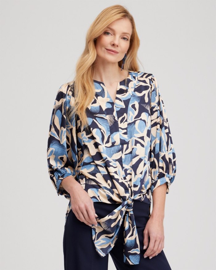 Chicos Floral Tie-Front Shirt - Classic Navy