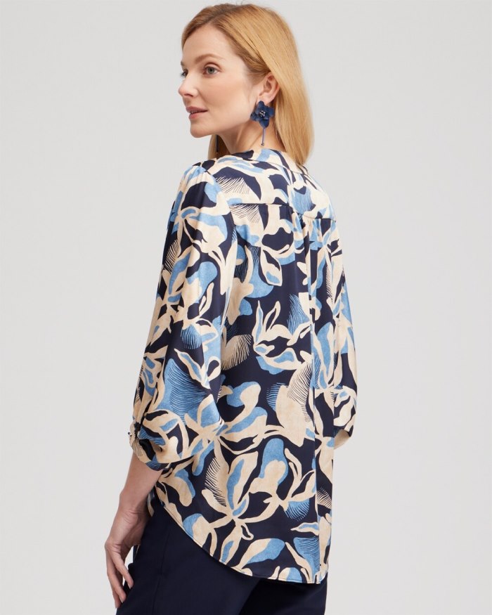 Chicos Floral Tie-Front Shirt - Classic Navy