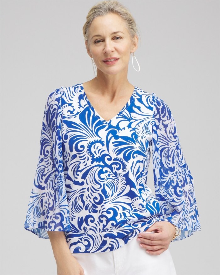 Chicos Scrolls Pleated Billow Sleeve Top - Intense Azure