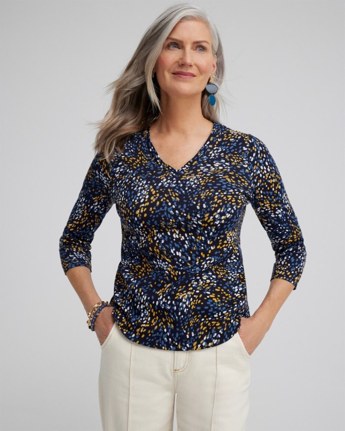 Chicos Dot Print V-neck 3/4 Sleeve Tee - Blue Echo