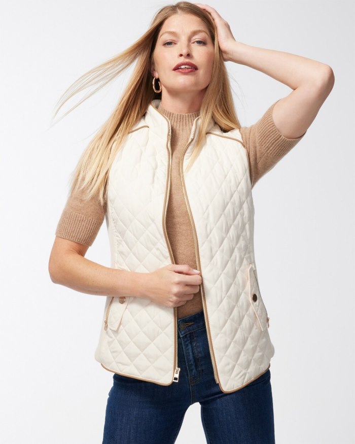 Chicos Rib Trim Quilted Vest - English Cream