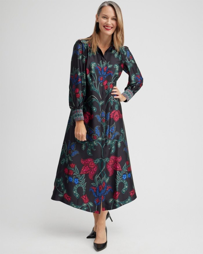 Chicos Satin Scroll Print Shirt Dress - Black