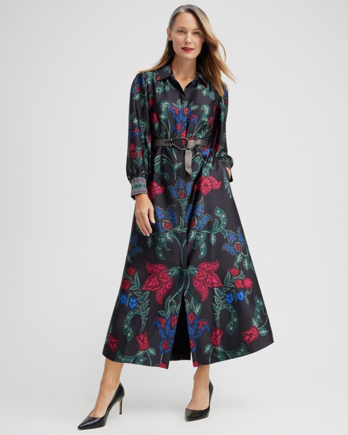 Chicos Satin Scroll Print Shirt Dress - Black