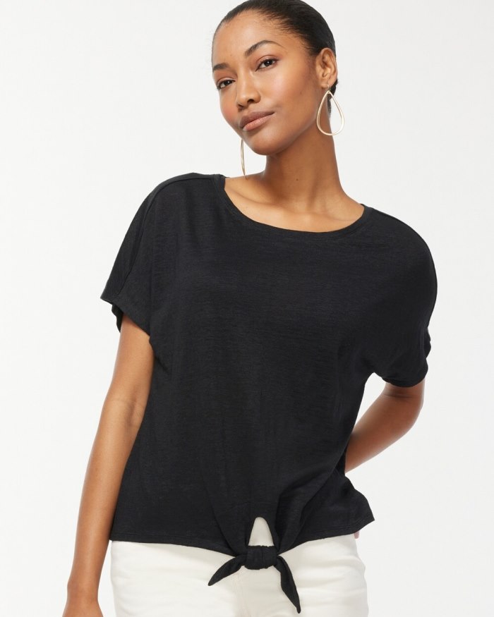 Chicos Linen Tie Front Tee - Black