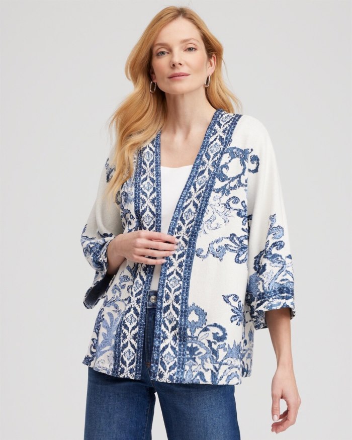 Chicos Jacquard Knit Short Kimono - Azores Blue