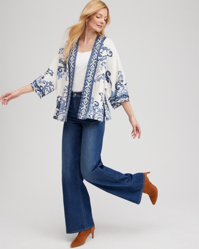 Chicos Jacquard Knit Short Kimono - Azores Blue