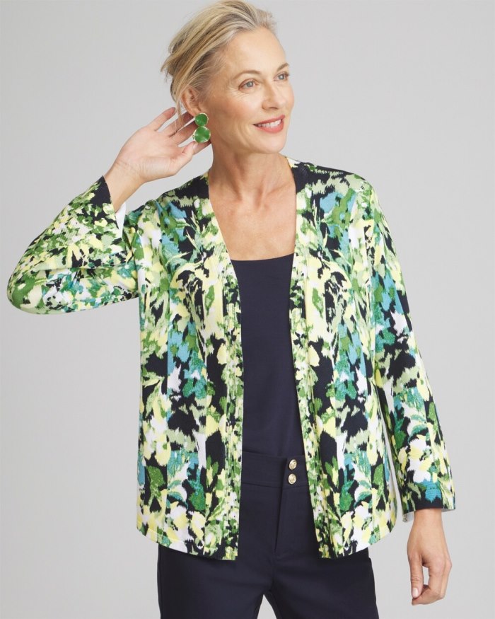 Chicos Spun Rayon Floral Flare Sleeve Cardigan - Verdant Green