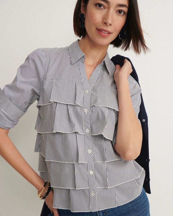 Chicos Poplin Stripe Ruffle Shirt - Classic Navy