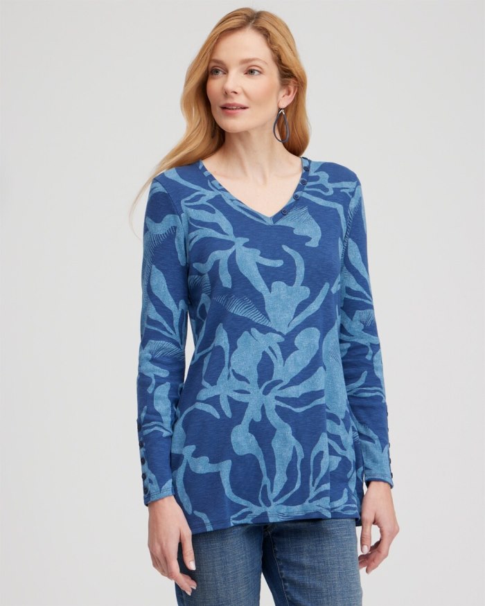 Chicos Abstract Print Button Detail Tunic - Blue Echo