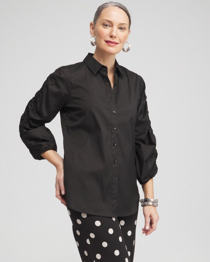 Chicos Poplin Ruched Sleeve Shirt - Black