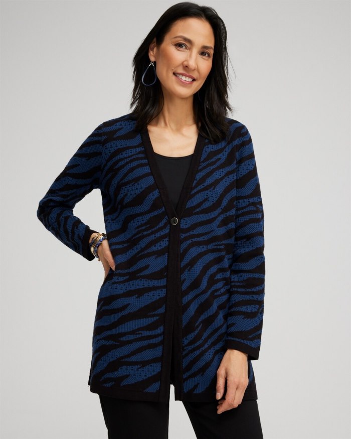 Chicos Double Knit Zebra Print Cardigan - Azores Blue