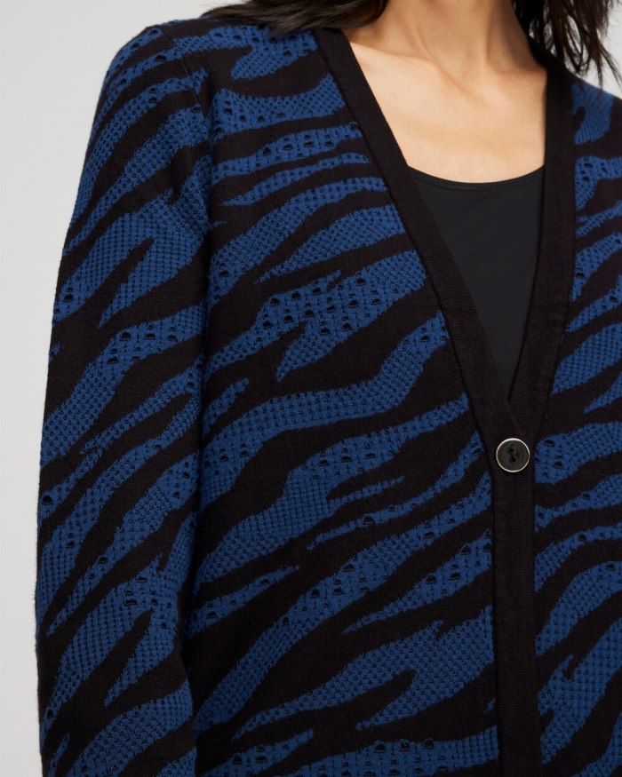 Chicos Double Knit Zebra Print Cardigan - Azores Blue