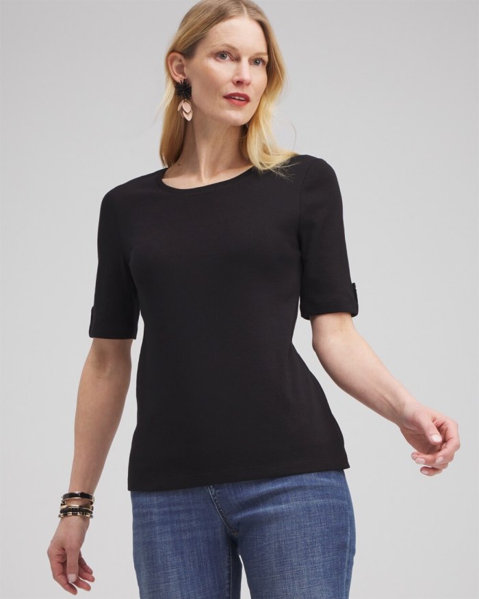 Chicos Elbow Sleeve Cotton Tee - Black