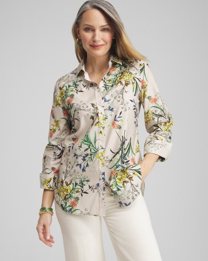 Chicos No Iron Stretch Wildflower 3/4 Sleeve Shirt - Oatmeal