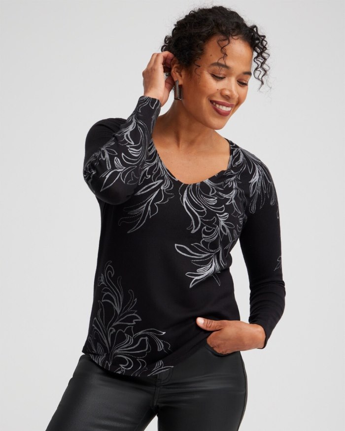 Chicos Foil Detail V-neck Pullover Sweater - Black